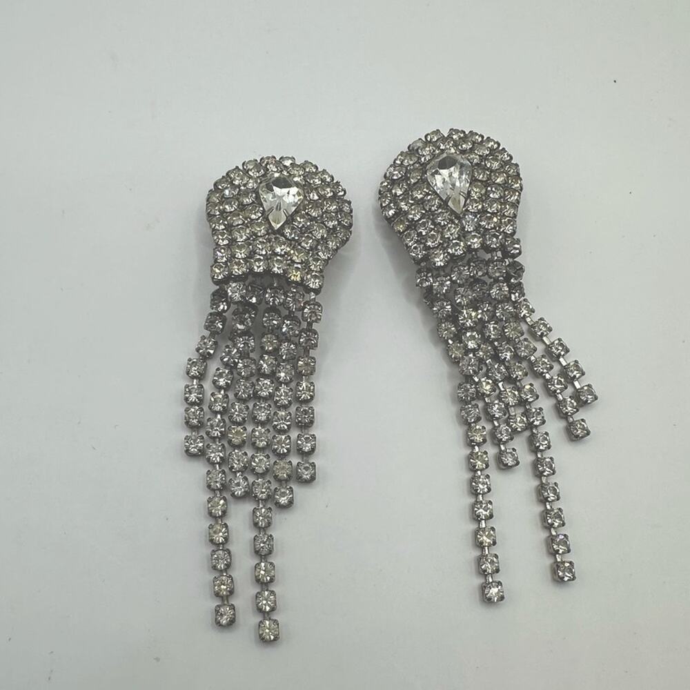 Vintage Clip On Rhinestone Dangle Earrings 3" Drop Evening Retro Silver tone